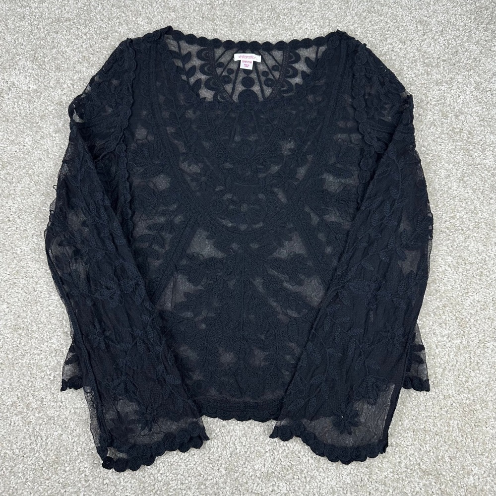Xhilaration Black Sheer Floral Lace Top Long Sleeve Boho Goth S/M Scalloped Hem